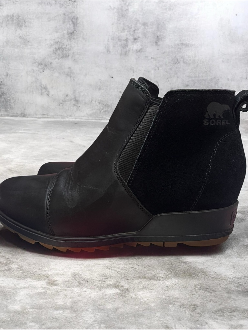 Sorel Black Leather & Suede Chelsea Wedge Booties